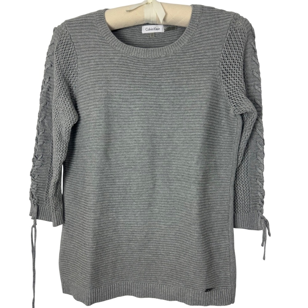 Calvin Klein‎ Gray Cable Knit Sleeve 3/4 Sleeve Cotton Top Sweater Medium